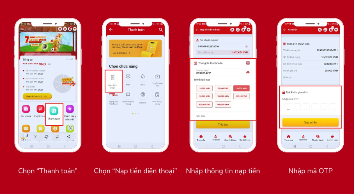 Nạp tiền điện thoại qua ứng dụng ngân hàng