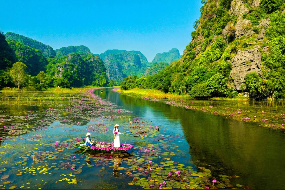 Khung cảnh sông núi Tam Cốc mùa hè xanh mướt tại Ninh Bình