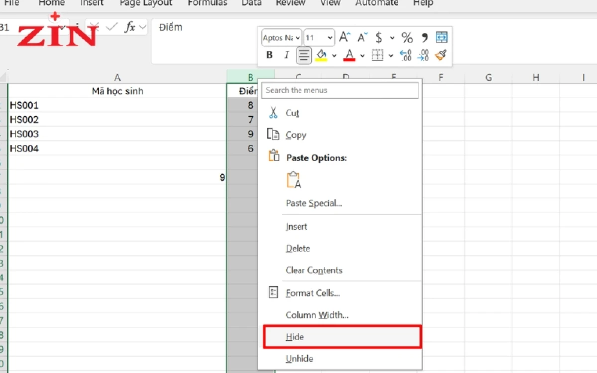 Chèn cột trong Excel thông qua thanh Ribbon
