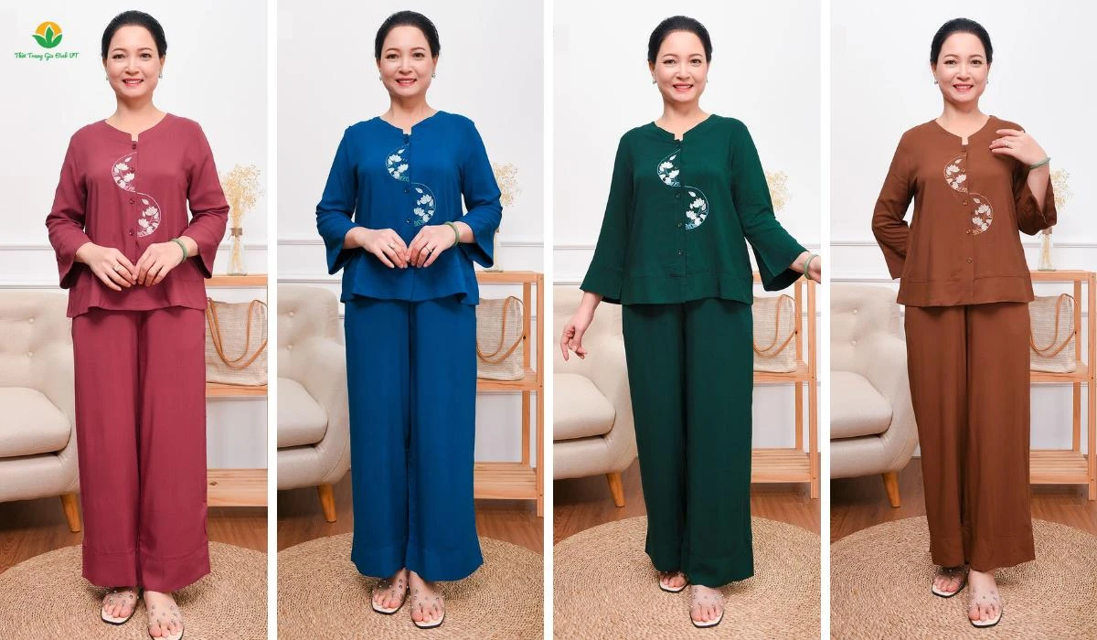 Một người phụ nữ mặc bộ trang phục tối giản màu be, chất liệu lụa cao cấp, toát lên vẻ đẹp thời trang sang trọng và thanh lịch.