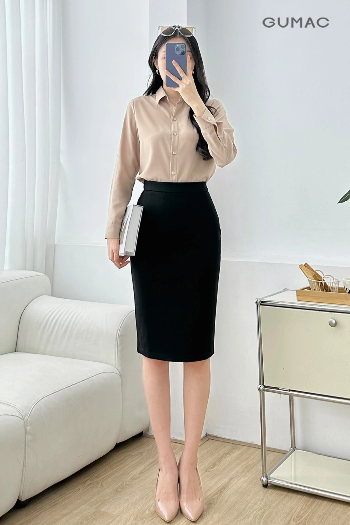 Chân váy bút chì công sở phối áo sơ mi